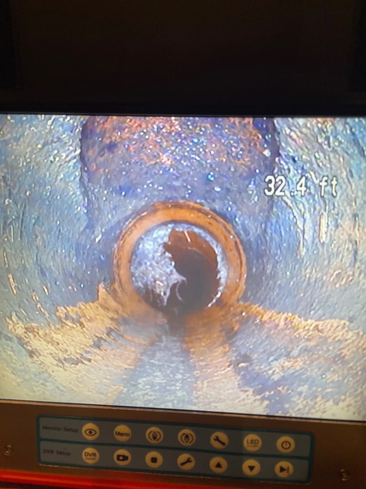A Waterworks camera inspection monitor showing the inside of a drain
