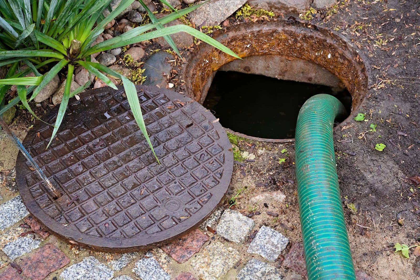 Hose run into an outdoor drain access during a drain job