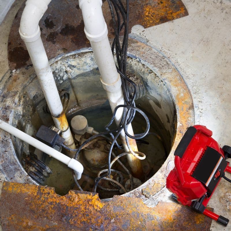 Sump pit with the pump discharge pipes and a red high water alarm